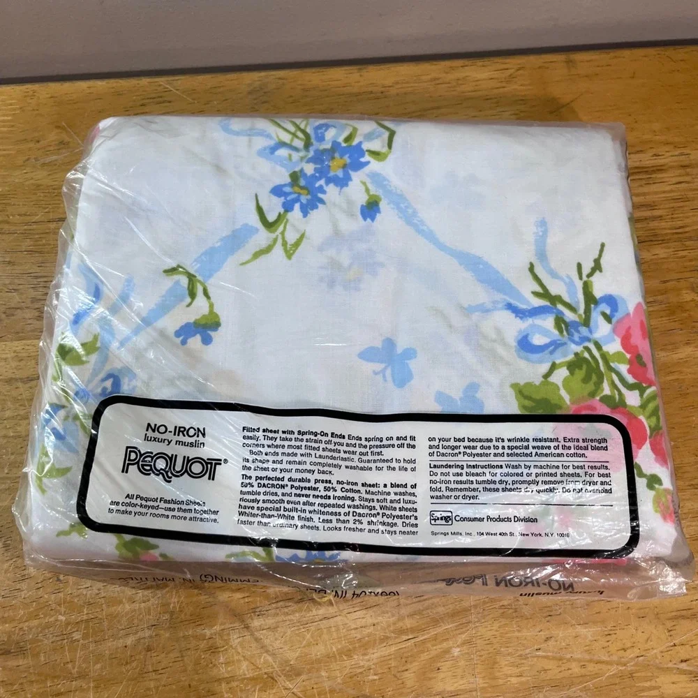 Vtg Pequot Twin Flat Sheet Floral Butterfly Blue Ribbon No-Iron Muslin USA NIP